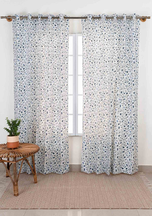 Blue Ruby 100% cotton floral curtain for living room - Light Reduction - Indigo - Single Piece