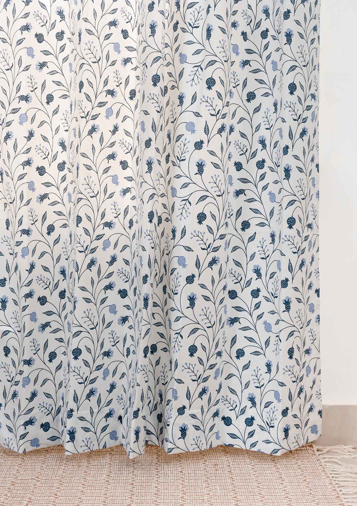 Blue Ruby 100% cotton floral curtain for living room - Light Reduction - Indigo - Single Piece