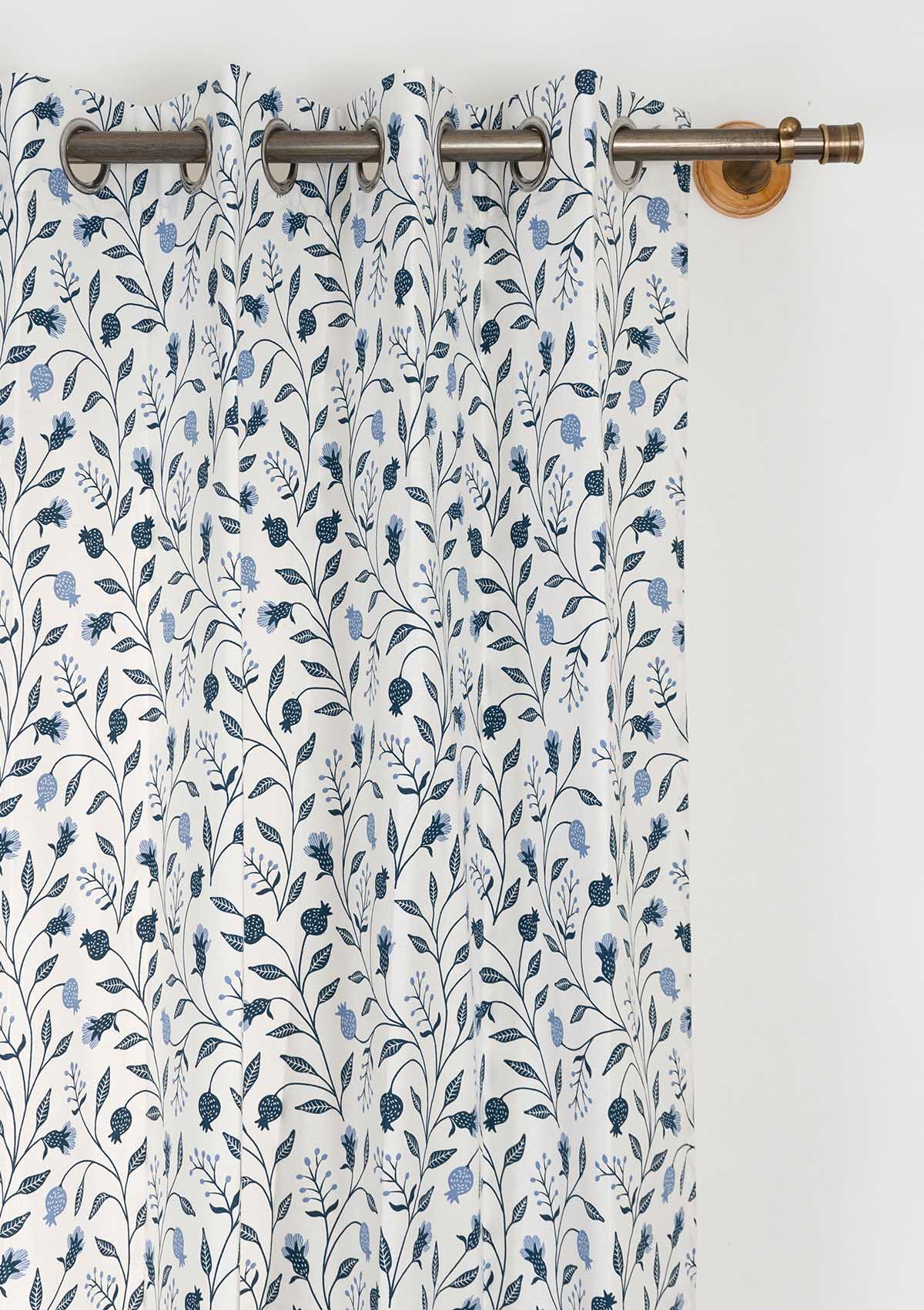 Blue Ruby 100% cotton floral curtain for living room - Light Reduction - Indigo - Single Piece