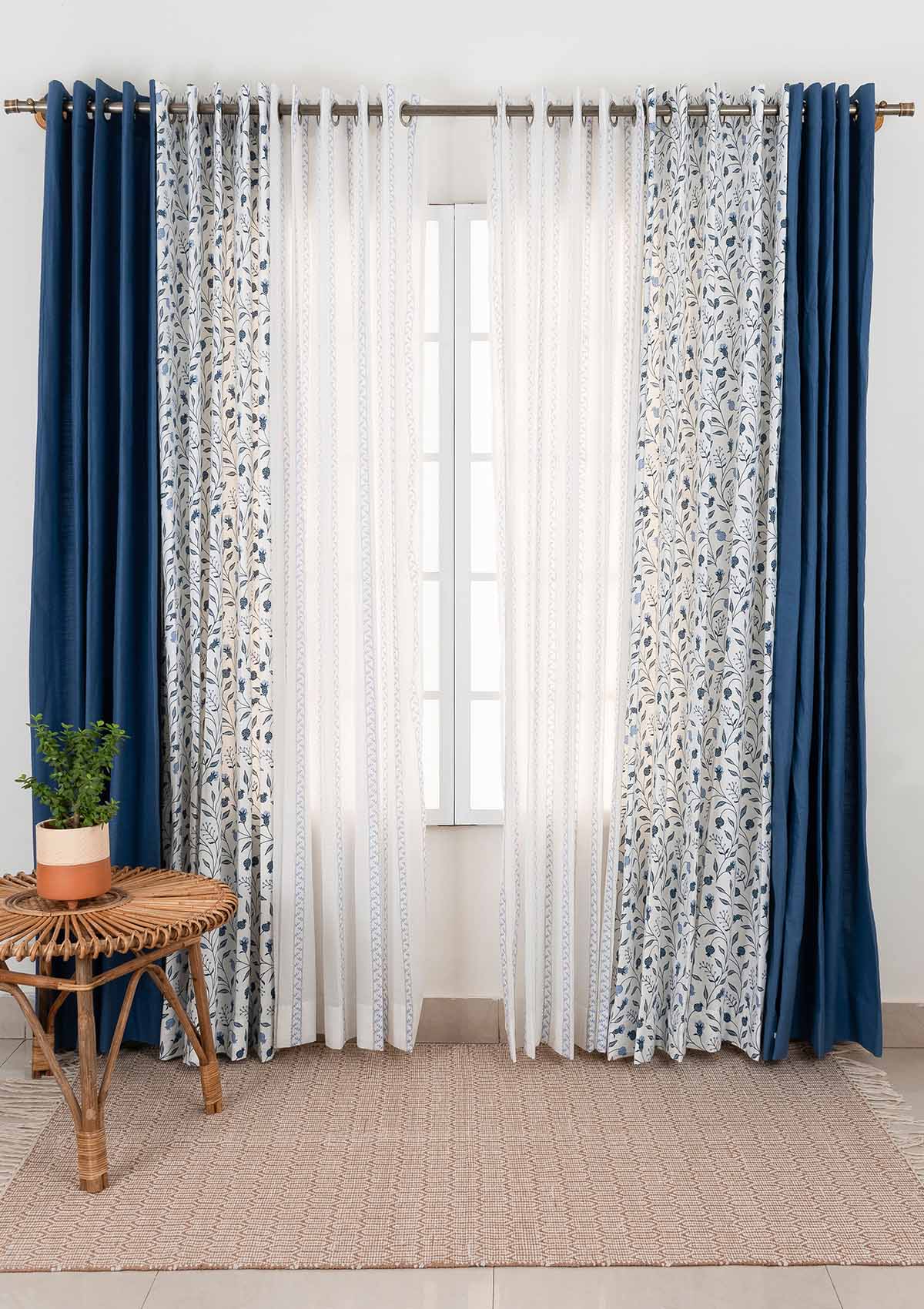 Blue Ruby with Royal blue Set and oriental stripes sheer Of 6 Combo Cotton Curtain  - Blue And White