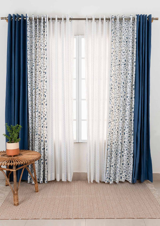 Blue Ruby with Royal blue Set and oriental stripes sheer Of 6 Combo Cotton Curtain  - Blue And White