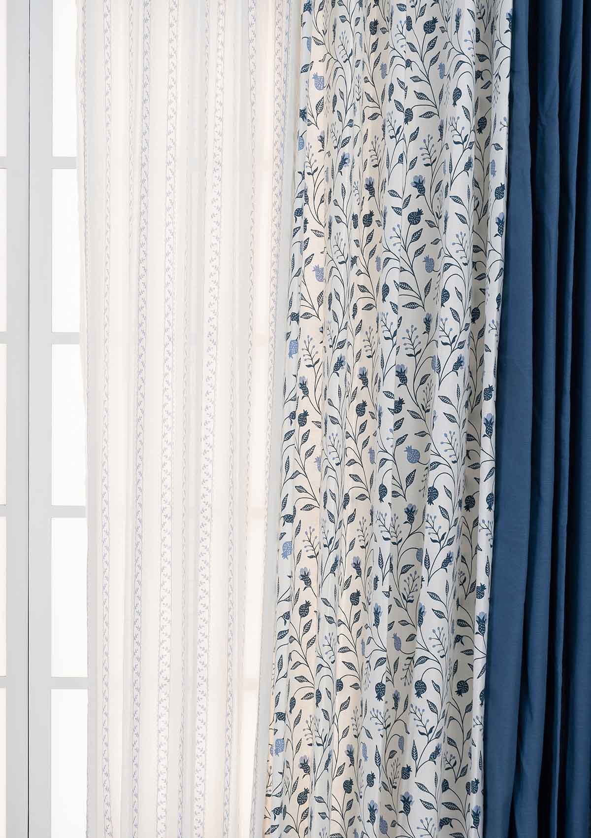 Blue Ruby with Royal blue Set and oriental stripes sheer Of 6 Combo Cotton Curtain  - Blue And White
