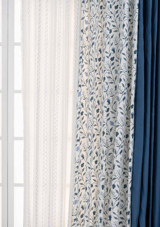 Blue Ruby with Royal blue Set and oriental stripes sheer Of 6 Combo Cotton Curtain  - Blue And White