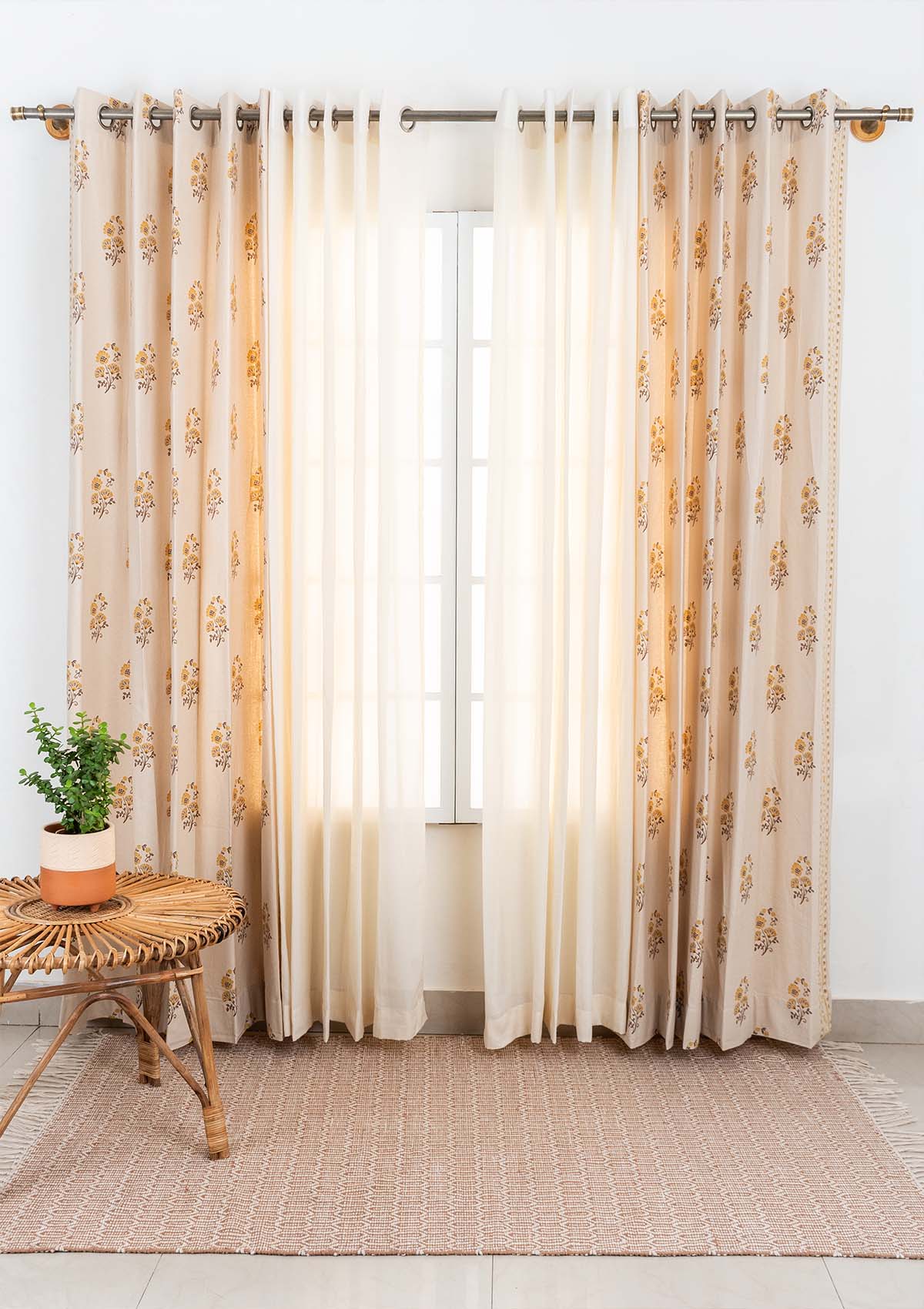 Indus with Cream Set Of 4 Combo Cotton Curtain  - Cream