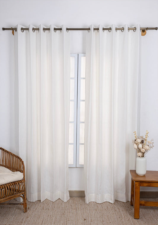 Solid Linen Cotton Blend textured curtain for Living room & bedroom - Light Reduction - White Single Piece