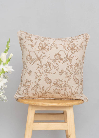 French Farmhouse 100% cotton floral cushion cover for sofa with self piping - Beige