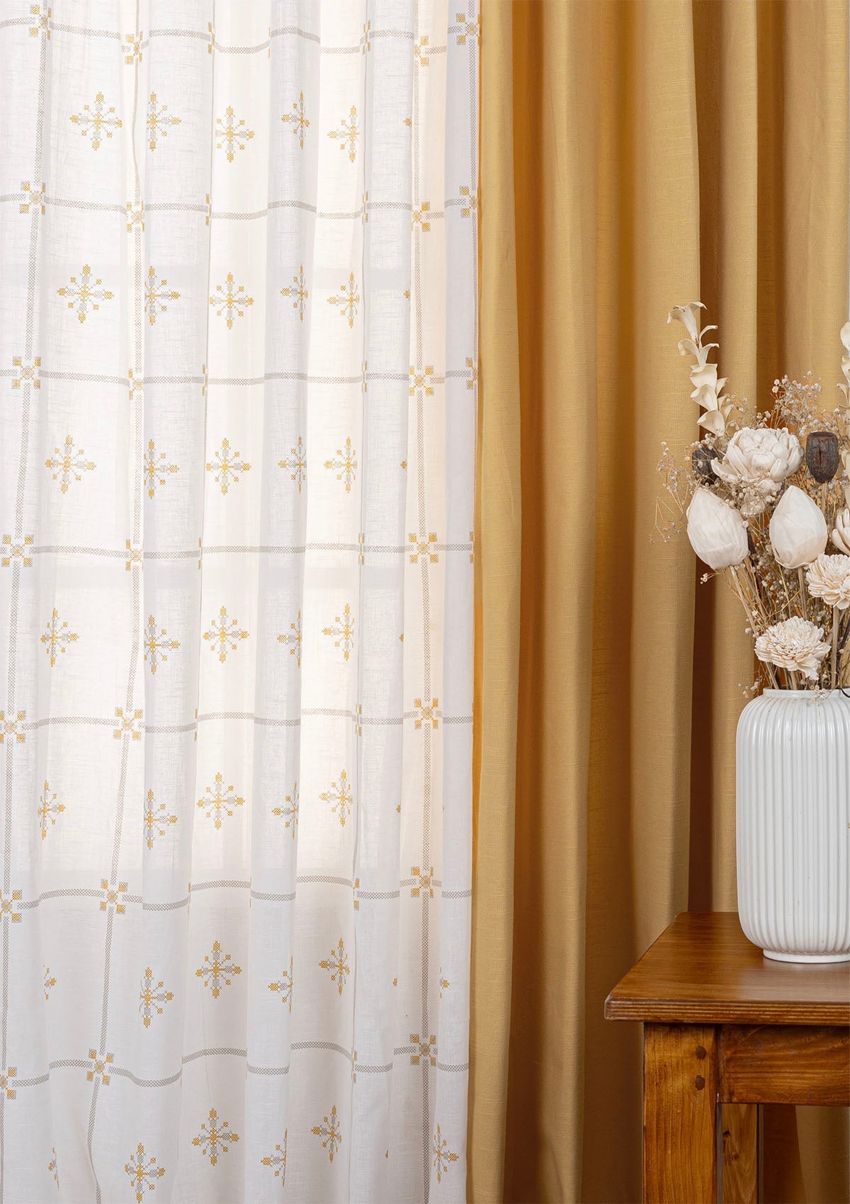 Amber Yellow Plain Curtain Light Reduction & Kaanta Printed Light Filtering Sheer - 100% Cotton for Living Room & Bedroom - Pack of 4