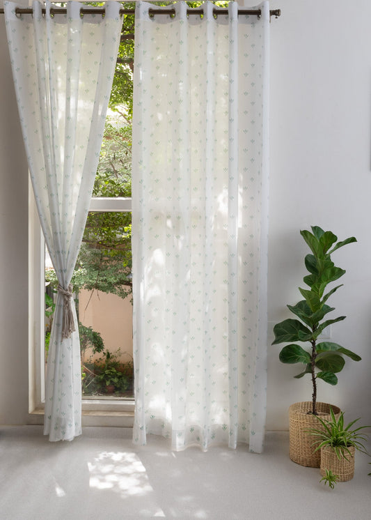 Aniseed Nile Blue 100% cotton floral sheer curtain for living room - Light filtering - Single Piece