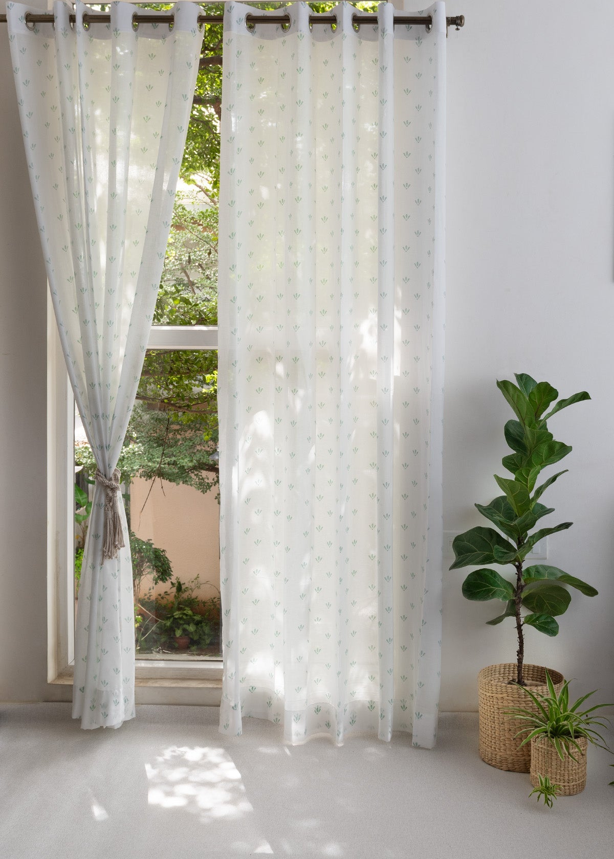 Aniseed Nile Blue 100% cotton floral sheer curtain for living room - Light filtering - Single Piece