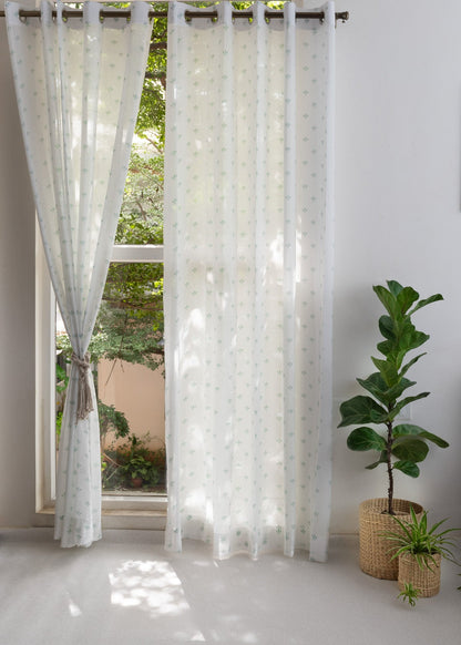 Aniseed Nile Blue 100% cotton floral sheer curtain for living room - Light filtering - Single Piece