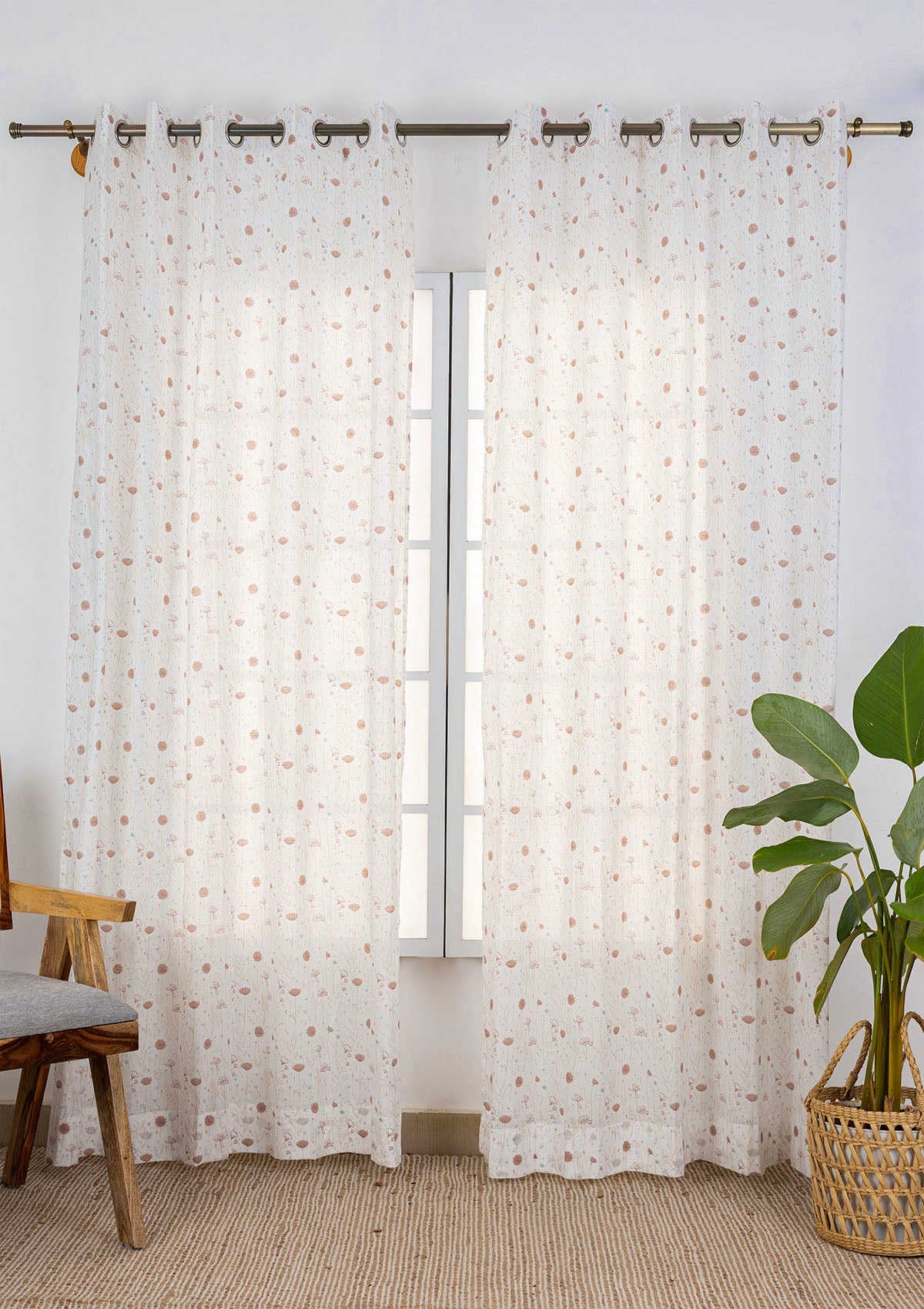 Ballet Pink Floral Printed 100% Cotton Sheer Curtain For Living Room | Light Reduction | Single Piece