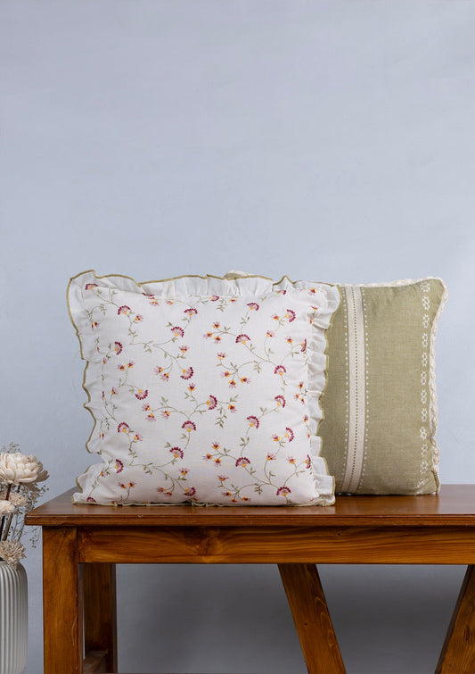 Bhumi Linen Cotton & Vaanya Sheer Embroidered  100% Cotton Cushion Covers for Sofa - Green and Pink - Pack of 2