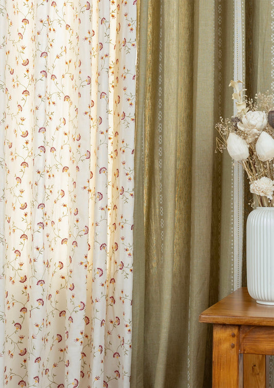 Bhumi Linen Cotton Blend Ethnic Textured Light Reduction & Vaanya Embroidered Light Filtering Sheer - 100% Cotton for Living Room & Bedroom - Pack of 4