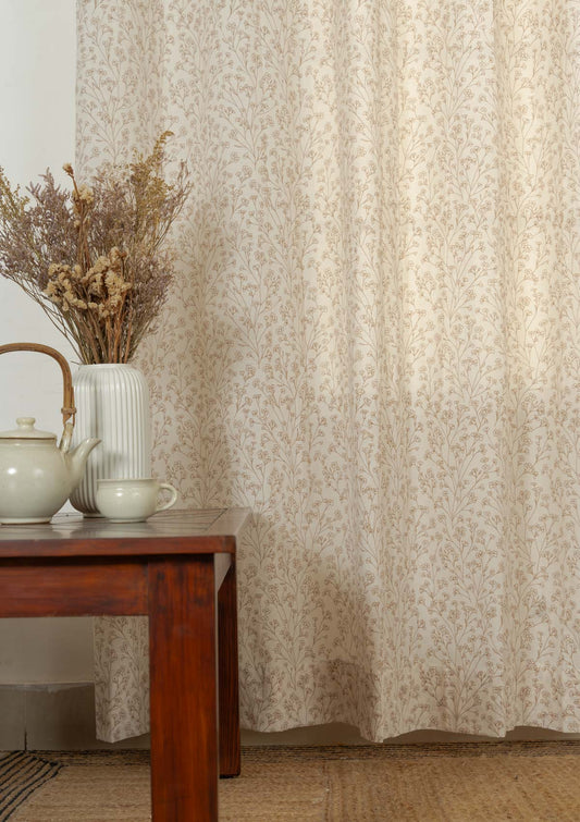 Canopy 100% cotton floral sheer curtain for living room - Light filtering - Brown - Single - Single Piece