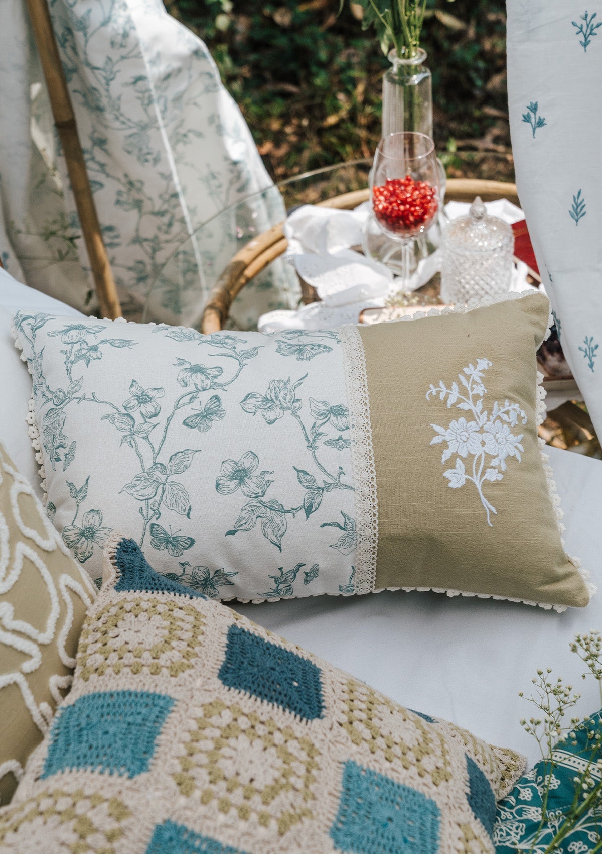 Celeste embroidered 100% Cotton Cushion Cover for Sofa - Nile Blue