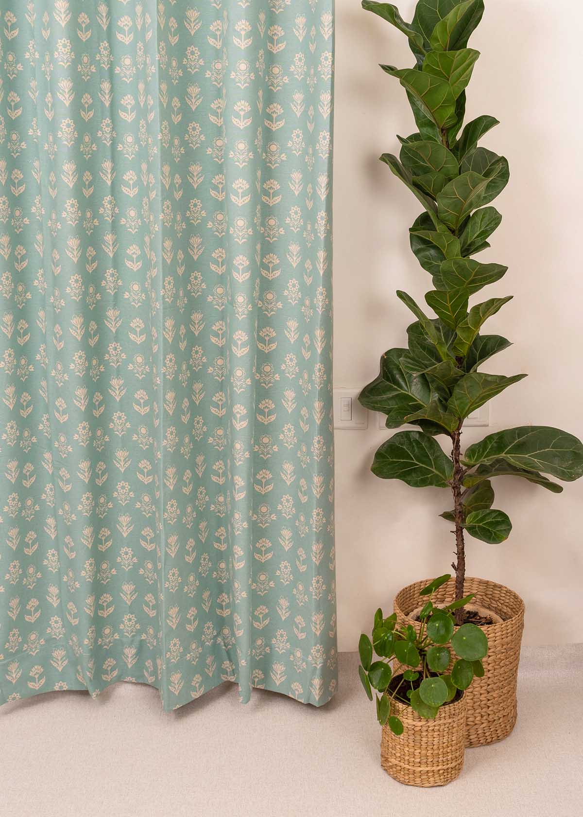 Dahlia 100% cotton floral curtain for living room - Room darkening - Nile Blue - Single Piece