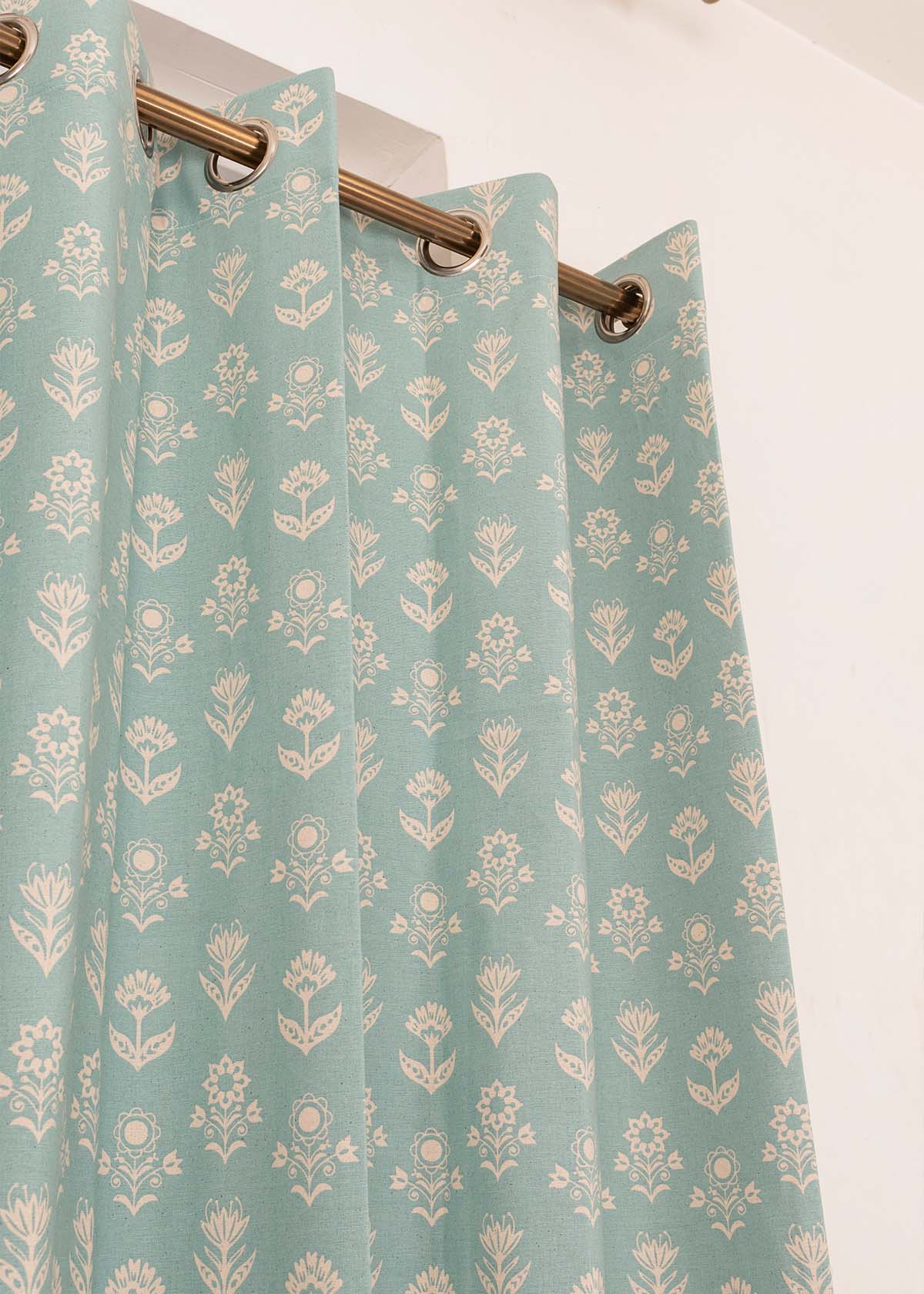 Dahlia 100% cotton floral curtain for living room - Room darkening - Nile Blue - Single Piece