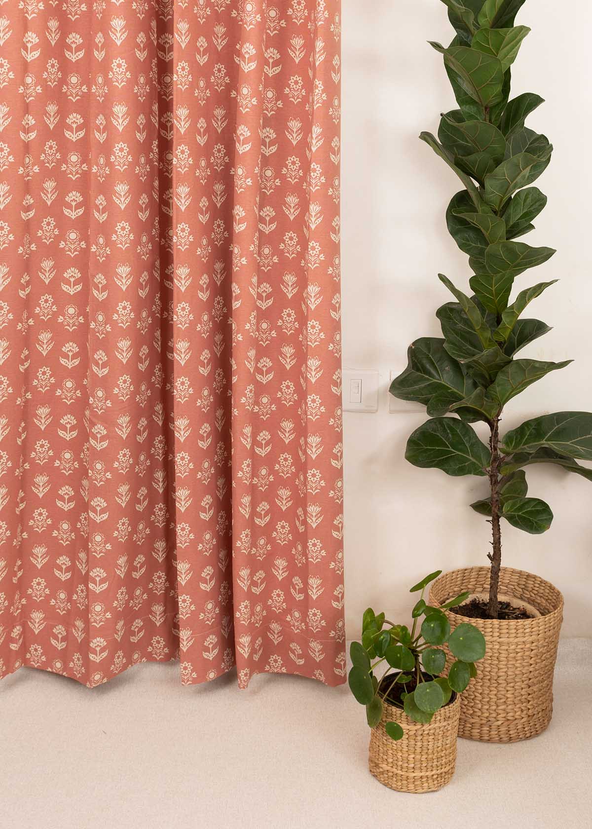 Dahlia 100% cotton floral curtain for living room - Room darkening - Rust - Single Piece