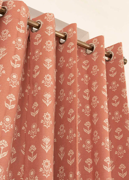 Dahlia 100% cotton floral curtain for living room - Room darkening - Rust - Single Piece