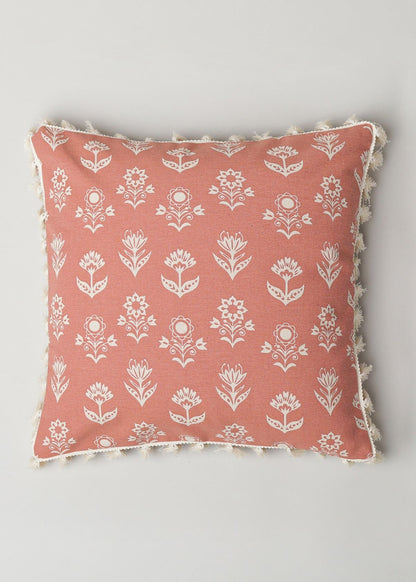 Dahlia Printed 100% cotton floral cushion cover for sofa with tassels - Rust