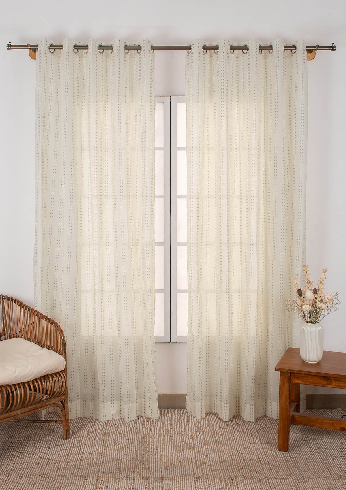 Dew Herb minimal  design 100% Cotton Sheer curtain for Living room & bedroom - Light filtering - Herb Green - Single Piece