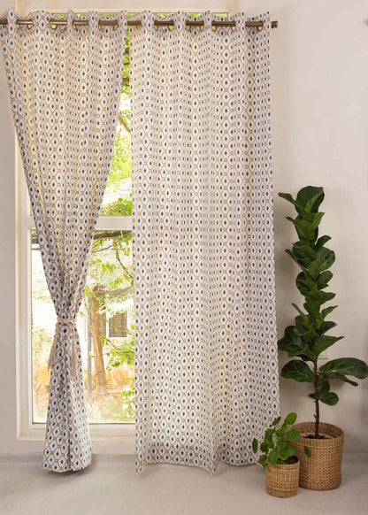 Diamond Yard 100% cotton geometric curtain for living room - Light Reduction - Royal Blue - Single Piece