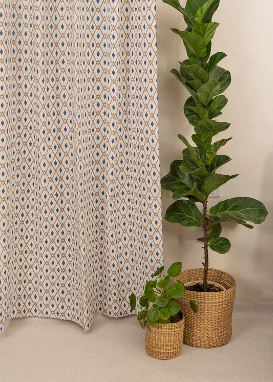Diamond Yard 100% cotton geometric curtain for living room - Light Reduction - Royal Blue - Single Piece