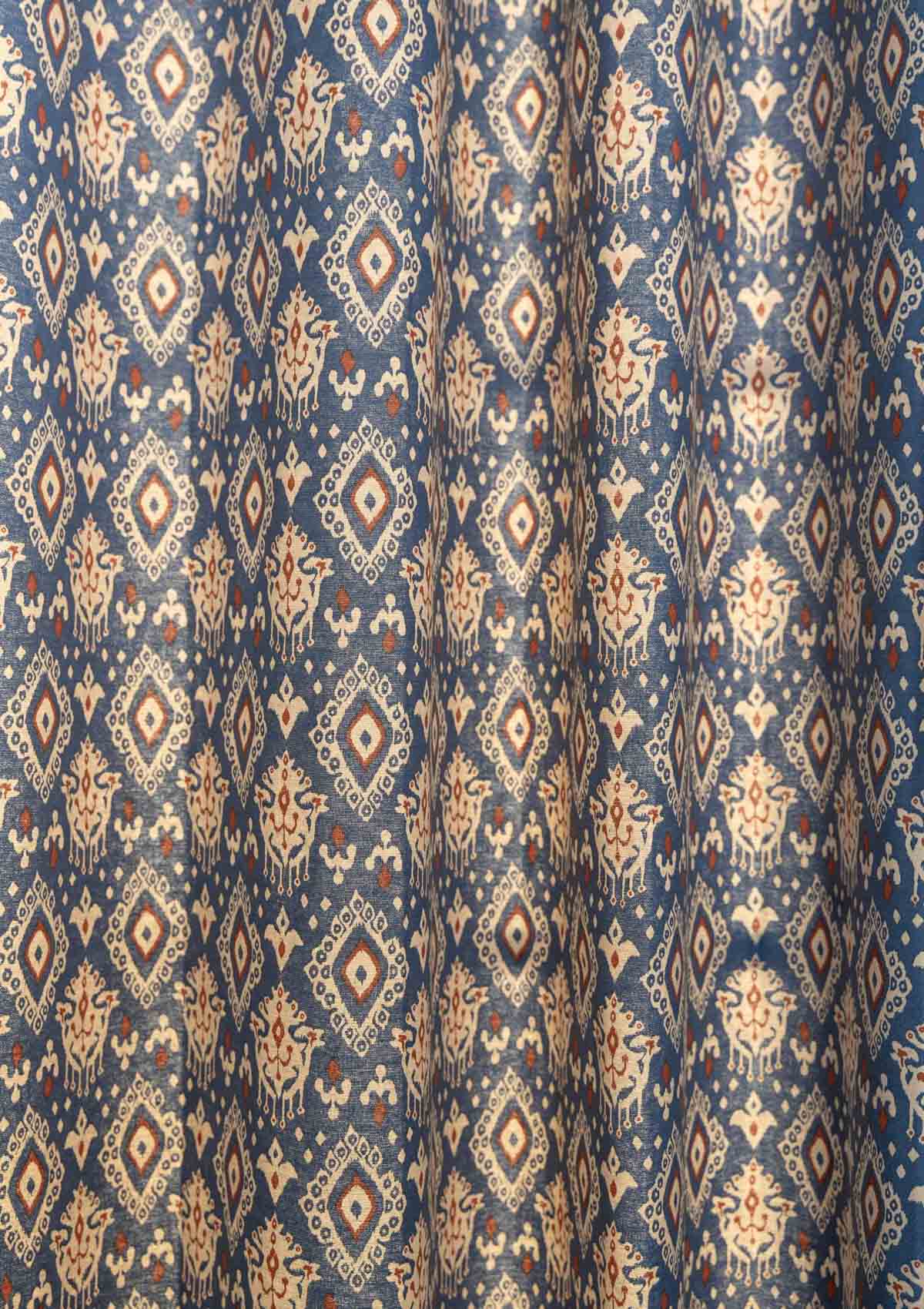Durbar Ikat Geometric Printed 100% Cotton Curtain for Living Room and Bedroom - Room Darkening - Royal blue and Brick Red - Single Piece