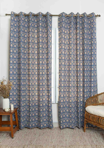 Durbar Ikat Geometric Printed 100% Cotton Curtain for Living Room and Bedroom - Room Darkening - Royal blue and Brick Red - Single Piece