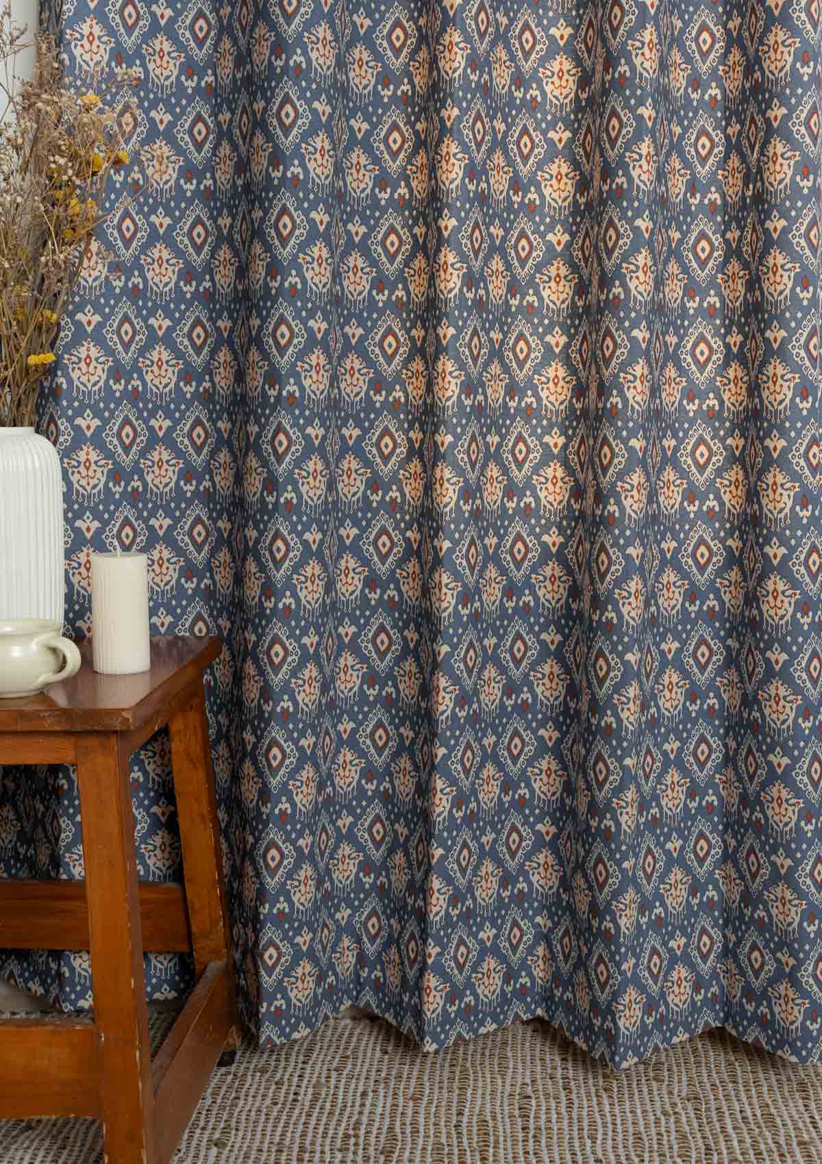 Durbar Ikat Geometric Printed 100% Cotton Curtain for Living Room and Bedroom - Room Darkening - Royal blue and Brick Red - Single Piece