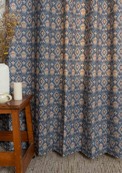 Durbar Ikat Geometric Printed 100% Cotton Curtain for Living Room and Bedroom - Room Darkening - Royal blue and Brick Red - Single Piece