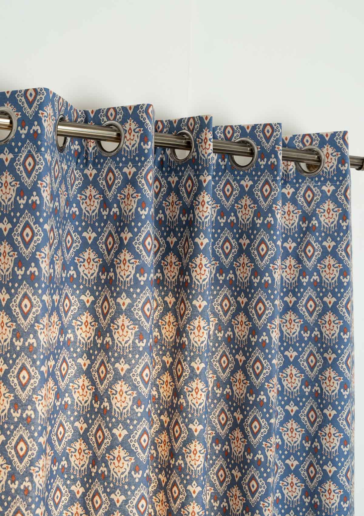 Durbar Ikat Geometric Printed 100% Cotton Curtain for Living Room and Bedroom - Room Darkening - Royal blue and Brick Red - Single Piece