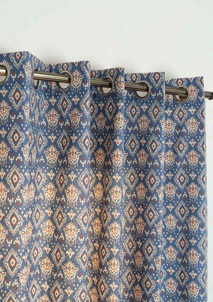 Durbar Ikat Geometric Printed 100% Cotton Curtain for Living Room and Bedroom - Room Darkening - Royal blue and Brick Red - Single Piece