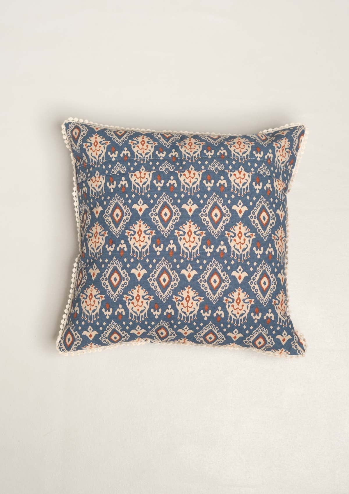 Durbar Ikat Geometric Printed 100% Cotton Cushion Cover for Sofa - Royal blue and Brick Red.