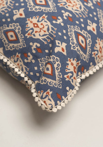 Durbar Ikat Geometric Printed 100% Cotton Cushion Cover for Sofa - Royal blue and Brick Red.