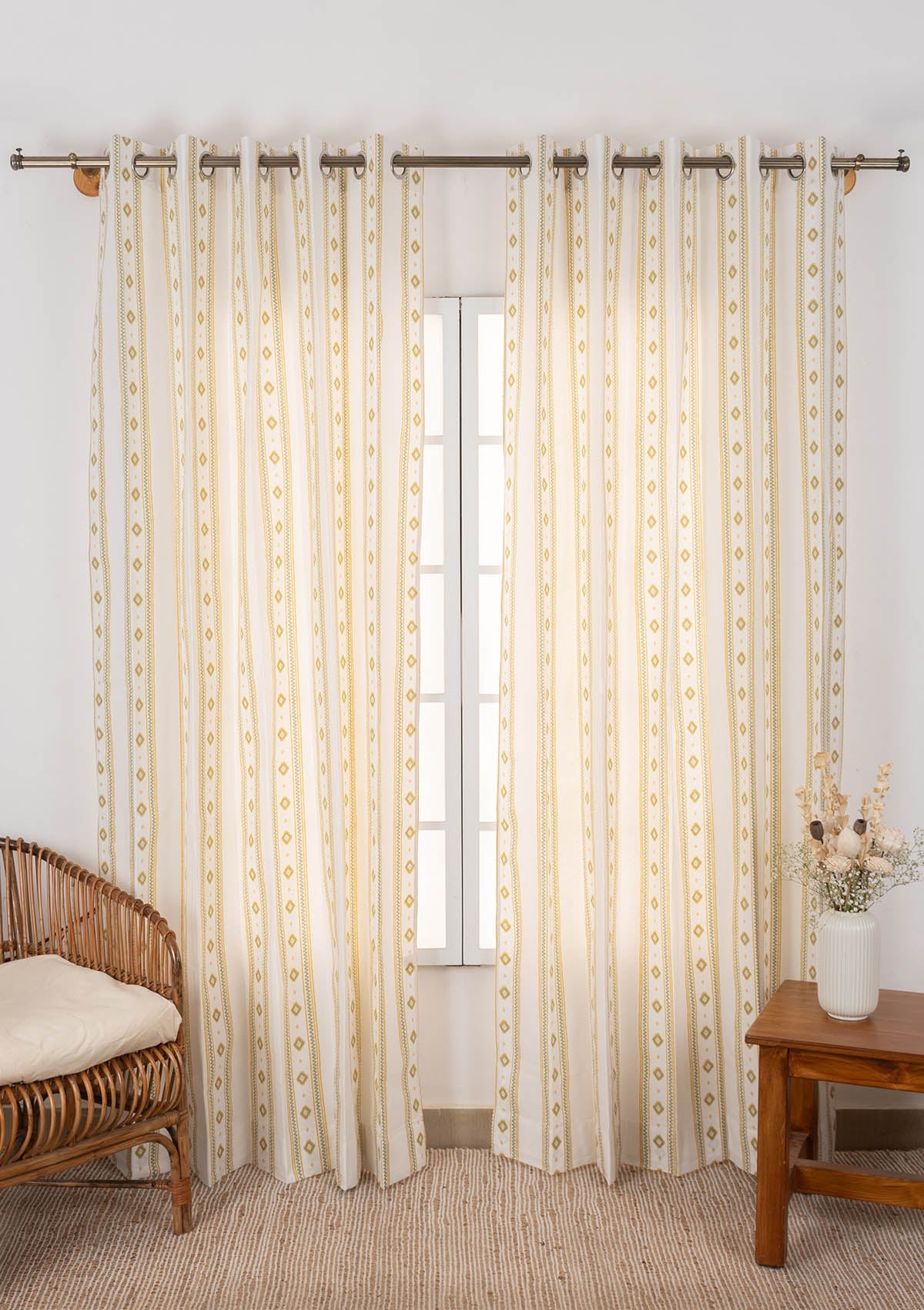 Echo Contemporary Geometric 100% cotton curtain for Living Room and Bedroom- Light Reduction - Yellow - Single Piece