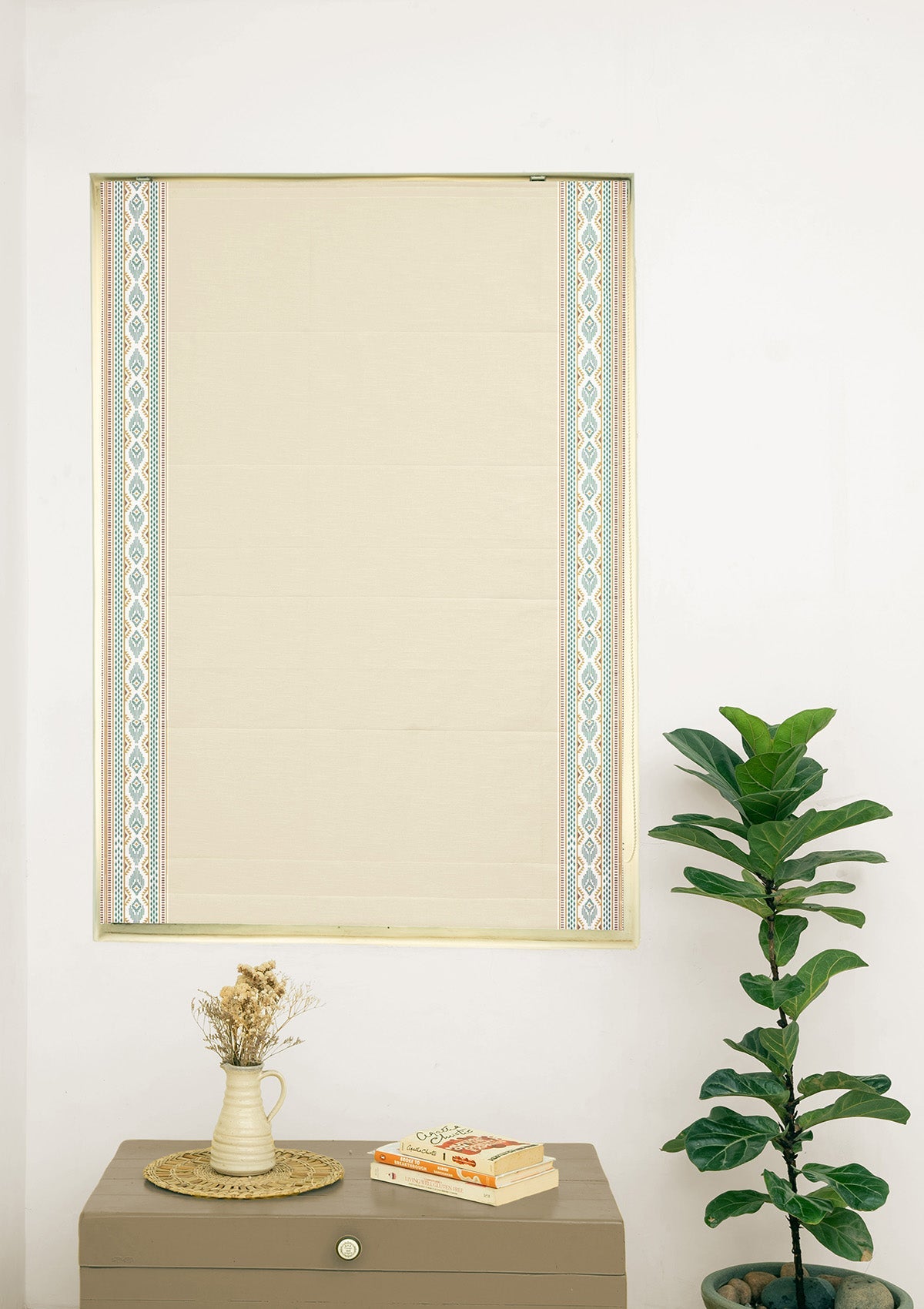 Elba Cream Embroidered Trim 100% Cotton Blind For Living Room |Room Darkening