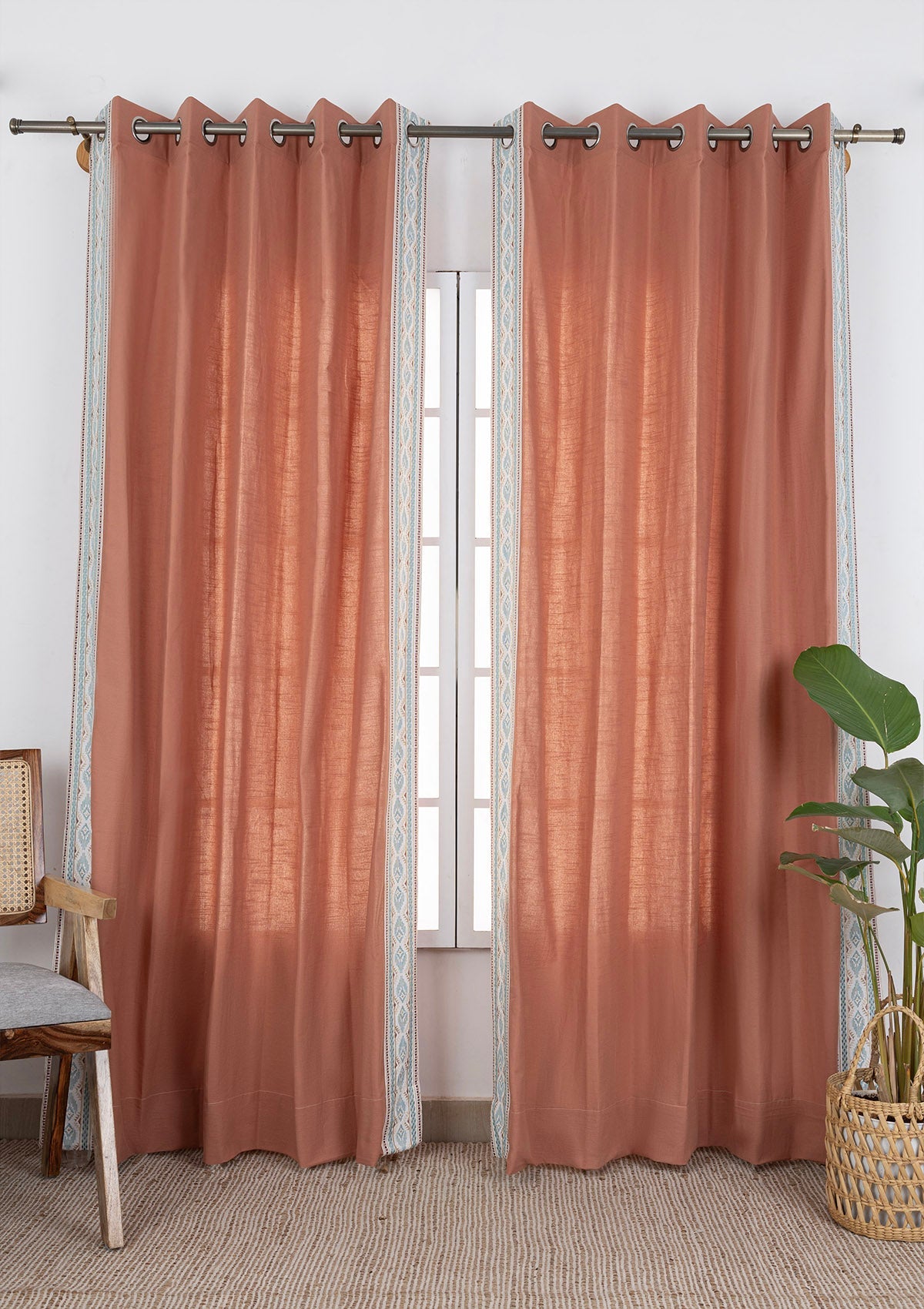 Elba Rust Embroidered Trim 100% Cotton Curtain For Living Room | Room Darkening | Single Piece