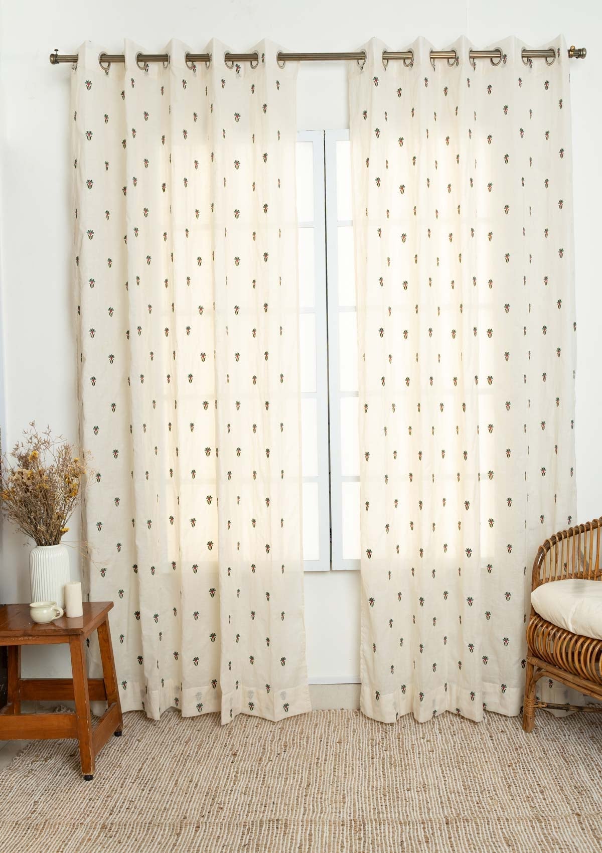 Emerald floral Embroidered 100% cotton Sheer Fabric for living room - Light filtering - Rose Pink and Sage Green