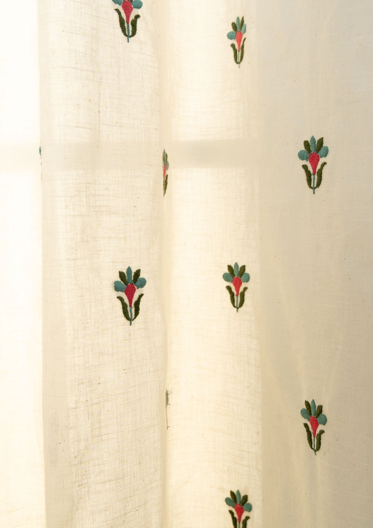 Emerald floral Embroidered 100% cotton Sheer Curtain for living room - Light filtering - Rose Pink and Pepper Green - Single Piece