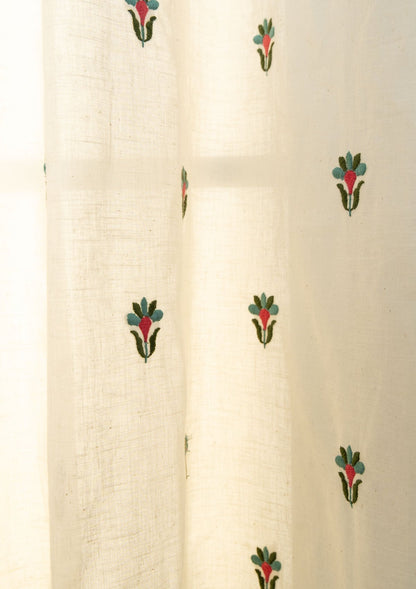 Emerald floral Embroidered 100% cotton Sheer Curtain for living room - Light filtering - Rose Pink and Pepper Green - Single Piece