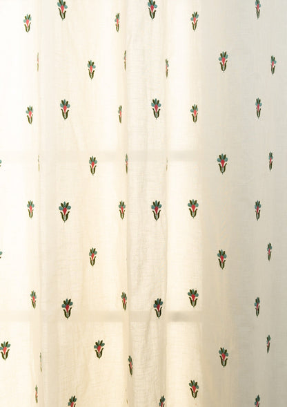 Emerald floral Embroidered 100% cotton Sheer Curtain for living room - Light filtering - Rose Pink and Pepper Green - Single Piece