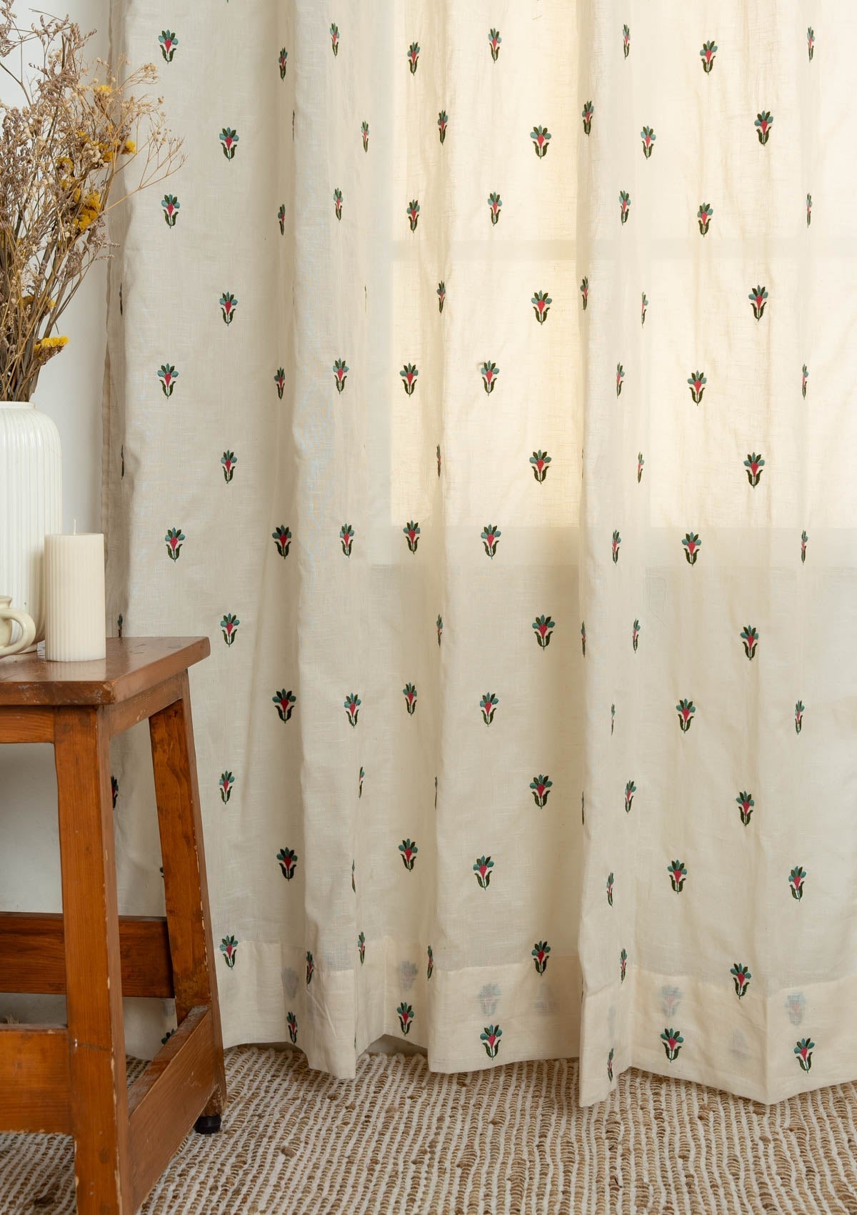 Emerald floral Embroidered 100% cotton Sheer Curtain for living room - Light filtering - Rose Pink and Pepper Green - Single Piece