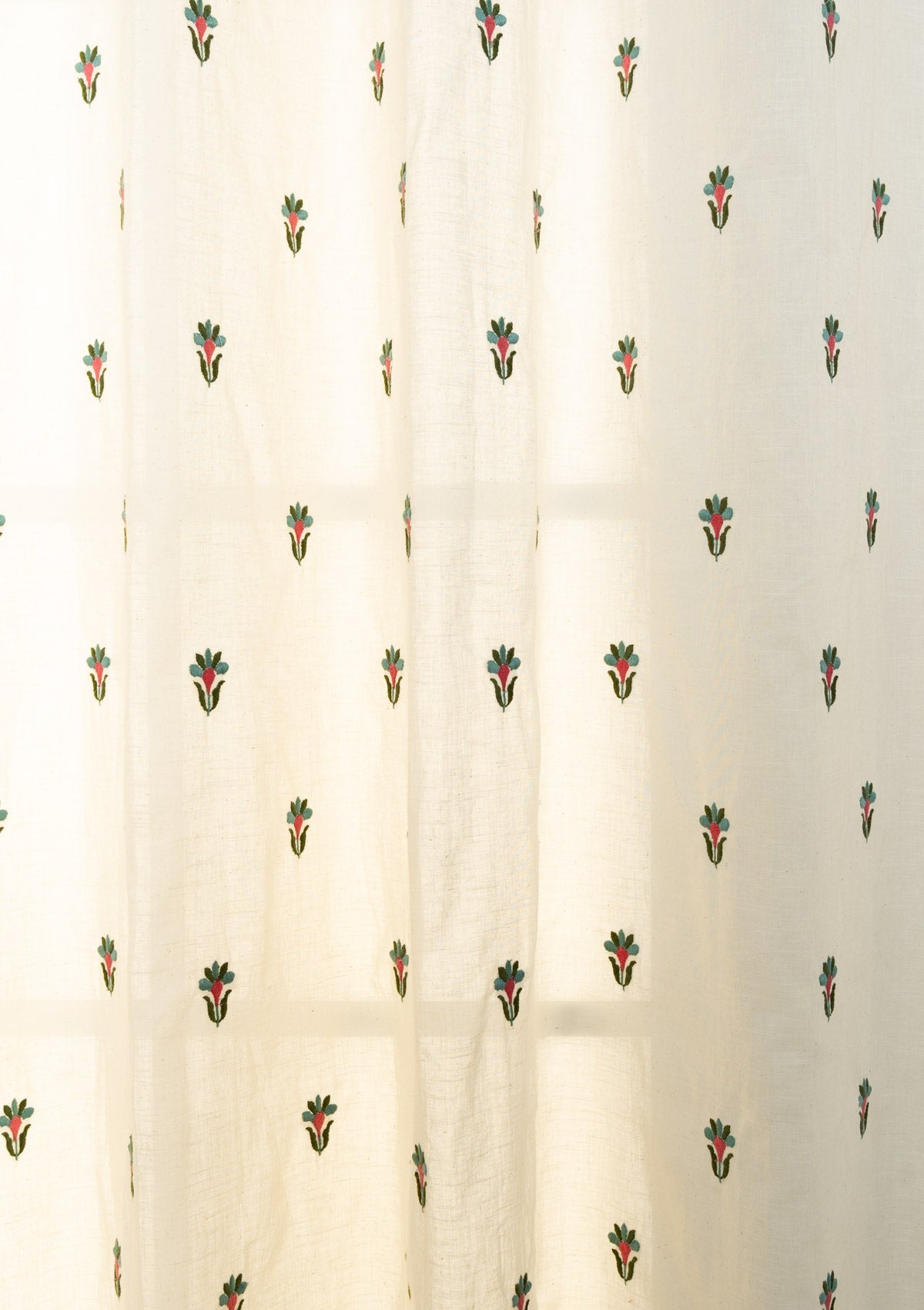 Emerald floral Embroidered 100% cotton Sheer Fabric for living room - Light filtering - Rose Pink and Sage Green