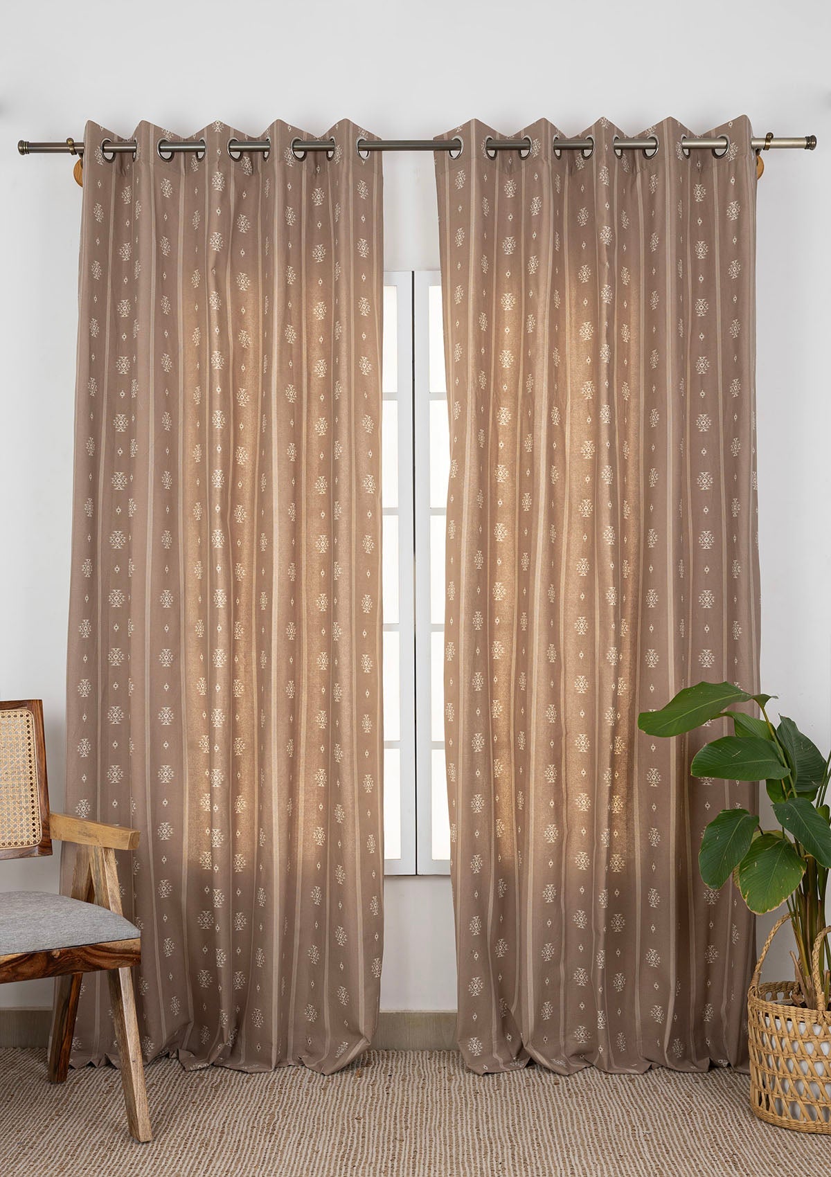 Feather Brown Geometric Printed 100% Cotton Curtain For Bedroom | Room Darkening | Single Piece