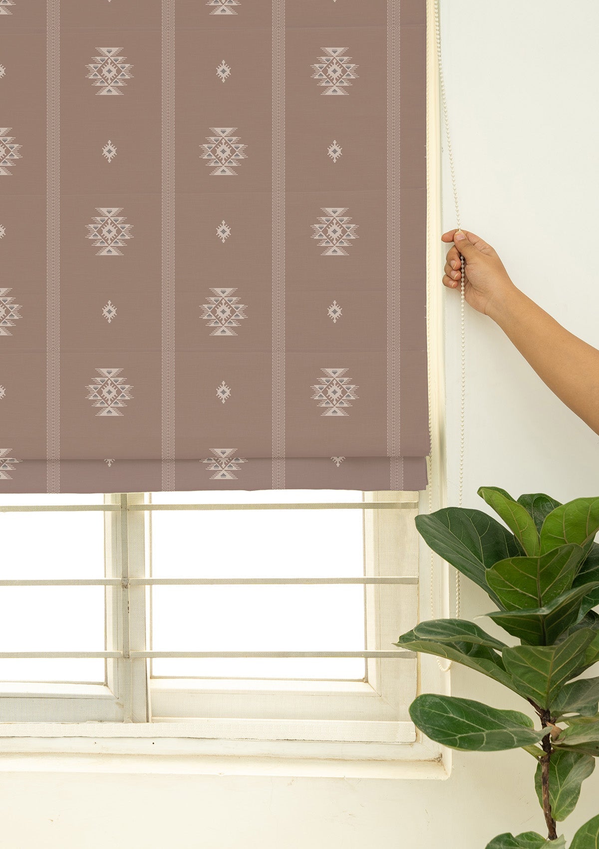 Feather Brown Geometric Printed 100% Cotton Blind For Bedroom | Room Darkening