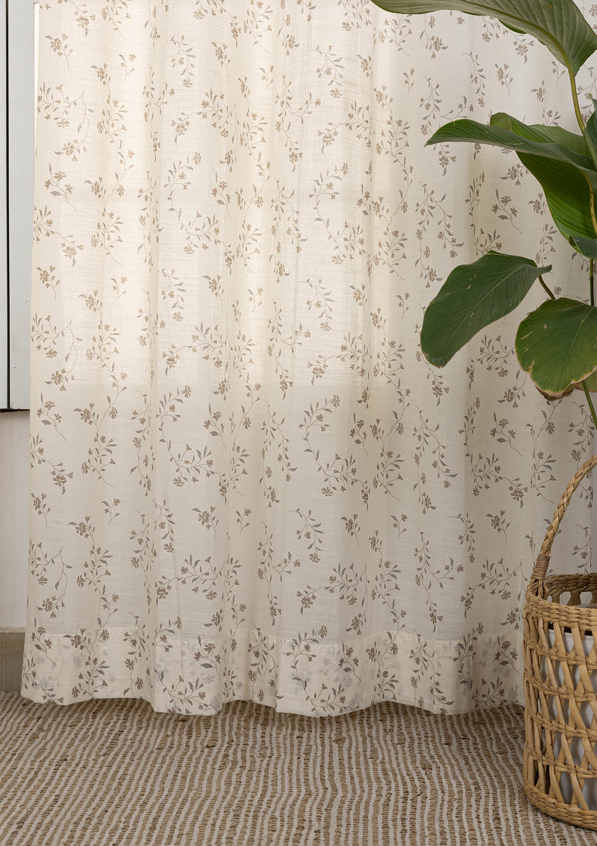 Field Brown Floral Printed 100% Cotton Sheer Curtain For Bedroom | Room Darkening | Single Piece