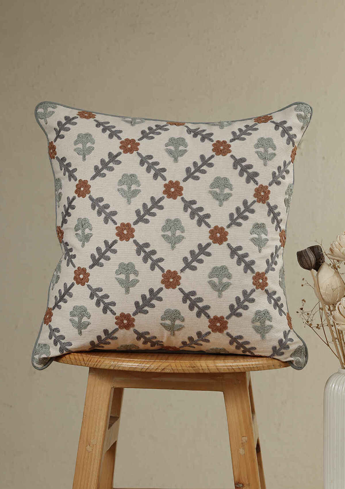 Flora Multicolor Embroidered 100% Cotton Cushion Cover For Sofa