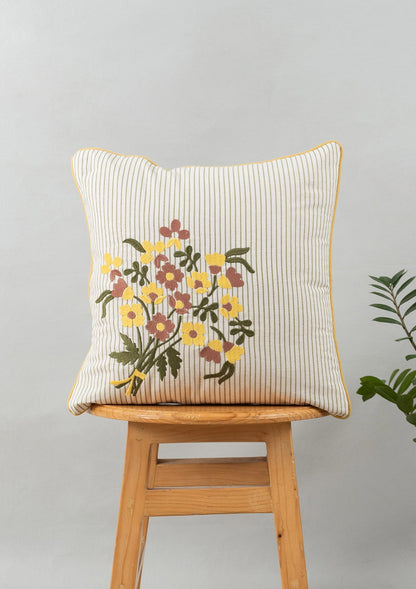 Floret Embroidered Floral 100% Cotton Cushion Cover for Sofa - Multicolor