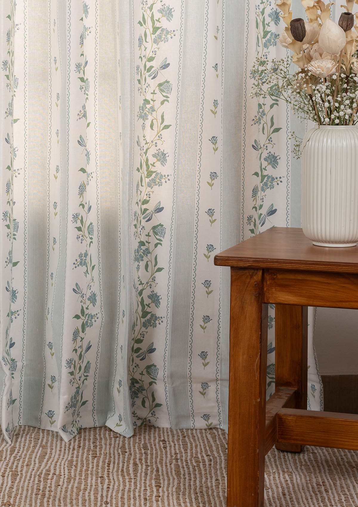 Flutter floral 100% cotton curtain for living room - Light Reduction - Nile Blue - Single Piece